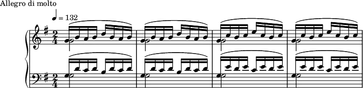 
\version "2.18.2"
\header {
  tagline = ##f
}
upper = \relative c'' {
  \clef treble 
  \key g \major
  \time 2/4
  \tempo 4 = 132
  %\autoBeamOff

   %%Montgeroult — Étude 25 (pdf p. 68)
   \repeat unfold 2 { << { g16( b a b d b a b) } \\ { g2 } >> }
   \repeat unfold 2 { << { g16( c b c e c b c) } \\ { g2 } >> }
  

}

lower = \relative c {
  \clef bass
  \key g \major
  \time 2/4

   \repeat unfold 2 { << { g'16( d' c d b d c d) } \\ { g,2 } >> }
   \repeat unfold 2 { << { g16( e' d e c e d e) } \\ { g,2 } >> }

}

  \header {
    piece = "Allegro di molto"
  }

\score {
  \new PianoStaff <<
    \new Staff = "upper" \upper
    \new Staff = "lower" \lower
  >>
  \layout {
    \context {
      \Score
      
    }
  }
  \midi { }
}
