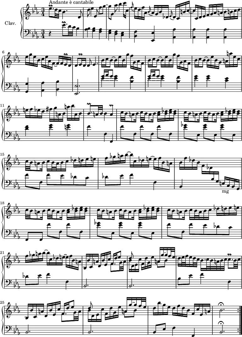 
\version "2.18.2"
\header {
  tagline = ##f
  % composer = "Domenico Scarlatti"
  % opus = "K. 474"
  % meter = "Andante e cantabile"
}

%% les petites notes
trillEesp     = { \tag #'print { ees8.\prall } \tag #'midi { f32~ f64 ees f ees f ees~ ees16~ } }
trillEesqq    = { \tag #'print { ees16\prall } \tag #'midi { \times 2/3 { ees64 f ees~ } ees32 } }
trillBesqp    = { \tag #'print { bes8.\prall } \tag #'midi { c32~ c64 bes c bes c bes~ bes16~ } }
trillA        = { \tag #'print { a4\prall } \tag #'midi { bes64 a bes a~ a16~ \tempo 4 = 20 a8 \tempo 4 = 66 } } 
trillCqp      = { \tag #'print { c8.\prall } \tag #'midi { d64 c d c d c~ c32~ c16 } }

upper = \relative c'' {
  \clef treble 
  \key ees \major
  \time 3/4
  \tempo 4 = 66
  \set Staff.midiInstrument = #"harpsichord"
  \override TupletBracket.bracket-visibility = ##f

  \repeat volta 2 {
      s8*0^\markup{Andante è cantabile}
      \trillEesp d32 c bes4. d,8 | d' ees4 ees,8 f'[ g]~ | g[ g,] aes' bes4   \tempo 4 = 25 c16 \tempo 4 = 66 c, | 
      % ms. 4
      \appoggiatura f16 ees16 d f aes, \appoggiatura bes16 aes16 g bes des, \appoggiatura ees16 des16 c b' c~ | c c, d ees  f g aes a bes b c d | ees g ees bes c ees aes, f~ f f \trillEesqq d16 | 
      % ms. 7
      d8 \trillEesqq d16 d8   \tempo 4 = 50 ees4.   \tempo 4 = 66 | \repeat unfold 2 { bes'16 c bes8~ bes16 ees bes g' f g, aes f } | 
      % ms. 10
      bes16 c bes8~ bes16 ees bes g a a' ees c | e f ees d fis g a, bes a' bes a, bes | \trillBesqp a32 bes bes4 \trillA |
      % ms. 13
      \repeat unfold 2 { \repeat unfold 2 { c32 bes a8 bes16 } < a c >16 < bes des > < c ees > < bes des > } | c32 bes a8 bes16 c bes32 a bes16 c des d ees e |
      % ms. 16
      f16 ges a bes~ bes c, des e~ e f bes, a | bes f' des bes \stemDown f des \stemUp  \change Staff = "lower"   bes g s4 \stemNeutral   \change Staff = "upper" | \repeat unfold 2 { \repeat unfold 2 { c'32 bes a8 bes16 } < a c >16 < bes des > < c ees > < bes des > } |
      % ms. 20
      c32 bes a8 bes16 c bes32 a bes16 c des d ees e | f16 ges a bes~ bes c, des e~ e f bes, \tempo 4 = 40 a | \tempo 4 = 66
      % ms. 22
      bes,16 bes' c, a' d, bes' ees, c' << { f,16 d' ees8 | d8 } \\ { \mergeDifferentlyDottedOn f,8. g32 a | bes16 d, ees c' } >> f,16 d' g, ees' << { a,16 g'~ g f32 ees } \\ { a,8 bes } >> | d16 ees32 f ees16 d32 c bes16. c32 bes a bes c \trillCqp bes32 \tempo 4 = 30 c | \tempo 4 = 66
      % ms. 25
      bes,16 bes' c, a' d, bes' ees, c' << { f,16 d' ees8 | d8 } \\ { \mergeDifferentlyDottedOn f,8. g32 a | bes16 d, ees c' } >> f,16 d' g, ees' << { a,16 g'~ g f32 ees } \\ { a,8 bes } >> | d16 bes' g ees d f d bes f c' \tempo 4 = 56 ees, a \tempo 4 = 40 | bes2.\fermata \tempo 4 = 66 }%repet

}

lower = \relative c' {
  \clef bass
  \key ees \major
  \time 3/4
  \set Staff.midiInstrument = #"harpsichord"
  \override TupletBracket.bracket-visibility = ##f

  \repeat volta 2 {
    % ************************************** \appoggiatura a16  \repeat unfold 2 {  } \times 2/3 { }   \omit TupletNumber 
      r4 \trillEesp d32 c bes4 | < aes bes > < g bes > < f aes > | < ees g > < d f > < c ees > | 
      % ms. 4
      < bes f' >4 < ees, ees' > < aes aes' > | q q q | < g g' > < aes aes' > < bes bes' > |
      % ms. 7
      < ees, ees' >2. \repeat unfold 2 { << { g''16 aes g8  } \\ { ees4 } >> < ees g >4 < bes f' >  }
      % ms. 10
      < ees g >4 q < c ees > | < d f > < ees g > < e g > | f f, f, |
      % ms. 13
      \repeat unfold 3 { f''8[ f,] } | \repeat unfold 3 { < ees' ges >8[ ees,] } | f'8[ f,] f' ees des c |
      % ms. 16
      des8 ees f4 f, | bes, s4 e16-\markup{mg} c bes g | f8 f \repeat unfold 2 { f''[ f,] } |
      % ms. 19
      \repeat unfold 3 { < ees' ges >8[ ees,] } | f'8[ f,] f' ees des c | des8 ees f4 f, |
      % ms. 22
      bes,2. bes | bes'8 ees f4 f, |
      % ms. 25
      bes,2. bes | bes8 ees f4 f, | bes2.\fermata }%repet

}

thePianoStaff = \new PianoStaff <<
    \set PianoStaff.instrumentName = #"Clav."
    \new Staff = "upper" \upper
    \new Staff = "lower" \lower
  >>

\score {
  \keepWithTag #'print \thePianoStaff
  \layout {
      #(layout-set-staff-size 17)
    \context {
      \Score
     \override SpacingSpanner.common-shortest-duration = #(ly:make-moment 1/2)
      \remove "Metronome_mark_engraver"
    }
  }
}

\score {
  \unfoldRepeats
  \keepWithTag #'midi \thePianoStaff
  \midi { }
}
