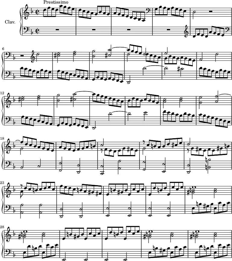 \version "2.18.2"
\header {
tagline = ##f
}
% petites notes
prallEes = { \tag #'print { ees8.\prall } \tag #'midi { f32 ees f ees~ ees16 } }
upper = \relative c'' {
\clef treble
\key d \minor
\time 2/2
\tempo 2 = 145
\set Staff.midiInstrument = #"harpsichord"
s8*0^\markup{Prestissimo} d8 f e d a' g f e | d c bes a g bes a g | a g f e d c bes a | \clef bass g bes a g a g f e |
% ms. 5
d2 r2 | r2 \clef treble d''2 | < cis e >2 < d f > | < bes g' > | << { < cis a' >~ a'8 g f e d2 | e2 } \\ { s2 d2 d8 c bes a | g bes a g a g f e } >> f2 d'2 | < cis e >2 < d f > | < bes g' > < cis a' >~ | a'8 g f e d c bes a | bes d c bes c bes a g | < a c >2 < bes d > < g e' > << { < a f' >~ f'8 d c bes } \\ { s2 g2 } >> a8 g f e | a g f e f g a b << { c2 s2 | r8 c8 b a b d cis e | d2 s2 | r8 d8 c b c d e c } \\ { r8 f,8 e d e g fis e g2 s2 | r8 g fis e fis e gis b | a } >>
% ms. 24
f'8 e d c b a gis fis | \repeat unfold 2 { e b' gis b e, c' a c | e, d' b d e, e' c e << { e1 e } \\ { \repeat unfold 2 { < gis, b >2 < a c > } } >> }
}
lower = \relative c' {
\clef bass
\key d \minor
\time 2/2
\set Staff.midiInstrument = #"harpsichord"
% **************************************
R1*4 \clef treble d8 f e d a' g f e | \clef bass d c bes a g bes a g | a g f e d c bes a | g bes a g a g f e |
% ms. 9
d2 d''~ | d cis | d8 c bes a g bes a g | a g f e d c bes a |
% ms. 13
g8 bes a g a g f e | d2 d''~ | d e | f8 e d c bes d c bes | c bes a g f e d c | bes2 c | < f, f'>2 < d d' > < c c' > < a' a' > < g g' > < e e' > | < d d' > < b' b' > |
% ms. 23
< a a' >2 q | < d, d' > q | < e e' > q q q | e'8 b' gis b e, c' a c | e, d' b d e, e' c e | e,,2 e e e | e'8 b' gis b e, c' a c | e, d' b d e, e' c e
}
thePianoStaff = \new PianoStaff <<
\set PianoStaff.instrumentName = #"Clav."
\new Staff = "upper" \upper
\new Staff = "lower" \lower
>>
\score {
\keepWithTag #'print \thePianoStaff
\layout {
#(layout-set-staff-size 17)
\context {
\Score
\override SpacingSpanner.common-shortest-duration = #(ly:make-moment 1/2)
\remove "Metronome_mark_engraver"
}
}
}
\score {
\keepWithTag #'midi \thePianoStaff
\midi { }
}