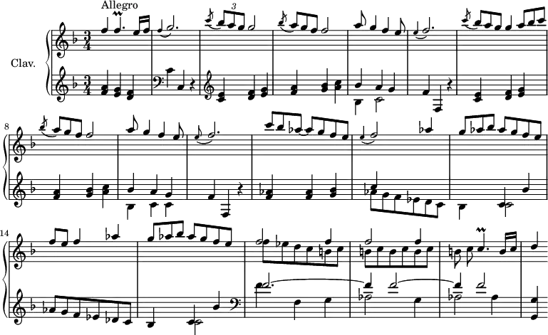 \version "2.18.2"
\header {
tagline = ##f
}
%% les petites notes
trillFp = { \tag #'print { f4.\prall } \tag #'midi { \times 2/3 { g16 f g f g f~ } f8 } }
trillCp = { \tag #'print { c4.\prall } \tag #'midi { \times 2/3 { d16 c d c d c~ } c8 } }
appoGbp = { \tag #'print { \appoggiatura f4 g2. } \tag #'midi { f2 g4 } }
appoFbp = { \tag #'print { \appoggiatura e4 f2. } \tag #'midi { e4 f2 } }
appoFb = { \tag #'print { \appoggiatura e4 f2 } \tag #'midi { e4 f4 } }
appoFbqp = { \tag #'print { \appoggiatura e8 f2. } \tag #'midi { e2 f4 } }
upper = \relative c'' {
\clef treble
\key f \major
\time 3/4
\tempo 4 = 126
\set Staff.midiInstrument = #"harpsichord"
\override TupletBracket.bracket-visibility = ##f
s8*0^\markup{Allegro}
\stemUp f4 \trillFp e16 f | \appoGbp | \acciaccatura c8 \times 2/3 { bes8 a g } g2 | \omit TupletNumber \acciaccatura bes8 \times 2/3 { a8 g f } f2 | a8 g4 f e8 |
% ms. 6
\appoFbp | \acciaccatura c'8 \times 2/3 { bes8 a g } g4 \times 2/3 { a8 bes c } | \acciaccatura bes8 \times 2/3 { a8 g f } f2 | a8 g4 f e8 | \appoFbqp |
% ms. 11
\times 2/3 { c'8 bes aes~ } aes 8 g f e | \appoFb aes4 | \times 2/3 { g8 aes bes } aes8 g f e | f e f4 aes | \times 2/3 { g8 aes bes } aes8 g f e |
% ms. 16
<< { \repeat unfold 2 { f2 f4 } } \\ { f8 ees d c \repeat unfold 5 { b c } } >> \trillCp b16 c | d4
% ms. 12
}
lower = \relative c' {
\clef bass
\key f \major
\time 3/4
\set Staff.midiInstrument = #"harpsichord"
\override TupletBracket.bracket-visibility = ##f
% ************************************** \appoggiatura \repeat unfold 2 { } \times 2/3 { }
\clef treble < f a >4 < e g> < d f > | \clef bass c4 c, r4 | \clef treble < c' e >4 < d f > < e g > | < f a > < g bes > < a c > | << { bes4 a g } \\ { bes,4 c2 } >>
% ms. 6
f4 f, r4 < c' e >4 < d f > < e g > | < f a > < g bes > < a c > | | << { bes4 a g } \\ { bes,4 c c } >> | f4 f, r4 |
% ms. 11
< f' aes >4 q < g bes > << { c4 s2 | s4 c,4 bes' | aes8 g f ees des c | bes4 c bes' } \\ { aes8 g f ees d c | bes4 c2 s2. | s4 c2 } >> \clef bass
% ms. 16
<< { f2.~ | f4 f2~ f4 | f2 } \\ { f4 f, g | aes2 g4 | aes2 aes4 } >> < g, g' >4
% ms. 12
}
thePianoStaff = \new PianoStaff <<
\set PianoStaff.instrumentName = #"Clav."
\new Staff = "upper" \upper
\new Staff = "lower" \lower
>>
\score {
\keepWithTag #'print \thePianoStaff
\layout {
#(layout-set-staff-size 17)
\context {
\Score
\override SpacingSpanner.common-shortest-duration = #(ly:make-moment 1/2)
\remove "Metronome_mark_engraver"
}
}
}
\score {
\keepWithTag #'midi \thePianoStaff
\midi { }
}