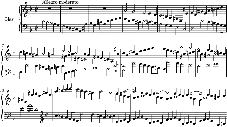 \version "2.18.2"
\header {
tagline = ##f
% composer = "Domenico Scarlatti"
% opus = "K. 417"
% meter = "Allegro moderato"
}
%% les petites notes
Dux = { d2 c bes a4 g | f2 e4 d cis a r4 a' | bes g cis a d e f g }
Comes = { a2 g f e4 d | c2 b4 a gis e r4 e' | f d gis e a b c d }
upper = \relative c'' {
\clef treble
\key d \minor
\time 4/2
\once \override Score . TimeSignature #'stencil = #ly:text-interface::print
\override Staff.TimeSignature #'text = \markup \musicglyph #"timesig.C22"
\tempo 2 = 82
\set Staff.midiInstrument = #"harpsichord"
\override TupletBracket.bracket-visibility = ##f
s8*0^\markup{Allegro moderato}
s2. r1 s4 | s2. r1 s4 | s2. r1 s4 | \Comes
% ms. 7
c4 b a gis a2 g | << { \relative c'' \Dux } \\ { r4 f4 g a r4 d, cis2 | d } >>
% ms. 11
f'4 e d cis << { \relative c''' \Comes } \\ { r4 a4 b cis | d a gis2 a } >>
% ms. 14 suite
c'4 b a gis | a2 g << { f4 g a2~ | a2 g4f e f g2~ g f4 e d e f2~ | f e4 d cis d } \\ { f4 e d c | bes c d1 c4 bes | a bes c1 bes4 a g bes1 } >>
% ms. x
}
lower = \relative c' {
\clef bass
\key d \minor
\time 4/2
\once \override Score . TimeSignature #'stencil = #ly:text-interface::print
\override Staff.TimeSignature #'text = \markup \musicglyph #"timesig.C22"
\set Staff.midiInstrument = #"harpsichord"
\override TupletBracket.bracket-visibility = ##f
% ************************************** \appoggiatura a16 \repeat unfold 2 { } \times 2/3 { } \omit TupletNumber
\Dux
% ms. 4
f4 d e cis d2 c4 b | a2 g4 f e2 c | d d' c4 b a g8 f |
% ms. 7
e4 e'2 d4 cis a b c | d d, e f g2 a | bes1 a2 << { d2~ | d } \\ { f,2 | g } >>
% ms. 10 suite
g'2 f4 e d c8 b | a4 a'2 g4 f2 e | d e f1 |
% ms. 13
e2 << { a1 } \\ { c,2 d } >> \clef treble d'2 | c4 b a g8 f e4 e'2 d4 | cis a b cis d, e f d |
% ms. 16
g4 a bes g c, d e c | f g a f bes, c d bes | e f g e a, b
}
thePianoStaff = \new PianoStaff <<
\set PianoStaff.instrumentName = #"Clav."
\new Staff = "upper" \upper
\new Staff = "lower" \lower
>>
\score {
\keepWithTag #'print \thePianoStaff
\layout {
#(layout-set-staff-size 17)
\context {
\Score
\override SpacingSpanner.common-shortest-duration = #(ly:make-moment 1/2)
\remove "Metronome_mark_engraver"
}
}
}
\score {
\keepWithTag #'midi \thePianoStaff
\midi { }
}