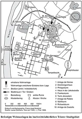 Carte des complexes résidentiels fortifiés de la haute ville médiévale de Trèves