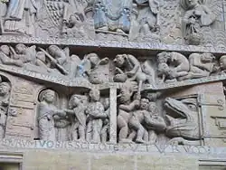 Abraham, les élus, les Saintes Femmes ; un damné poussé par un démon dans la gueule de Léviathan.