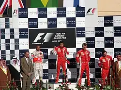 Podium du Grand Prix de Bahreïn avec Massa qui célèbre sa 3e&nbsp;victoire en Formule 1.