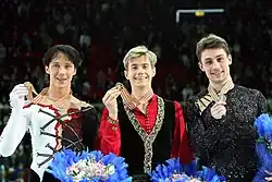 Podium des championnats du monde 2008 à Göteborg avec Jeffrey Buttle et Johnny Weir