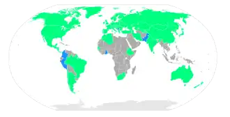 Carte du monde des nations participant aux Jeux indiquées en vert et en bleu.