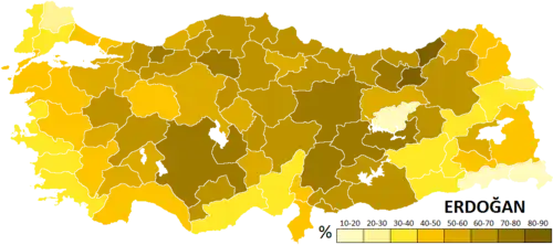 Les résultats obtenus par Recep Tayyip Erdoğan,par provinces.