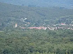 Clocher et toitures de maison émargeant d'une vaste plaine boisée et vallonnée.