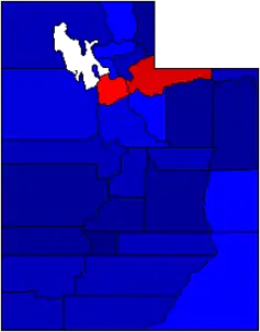 Carte des résultats de l'élection présidentielle américaine de 2016, par comté, en Utah (Rouge: Clinton / Bleu: Trump)