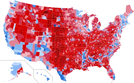 Résultats par comté (Trump en rouge et Clinton en bleu).