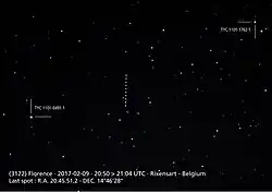 Passage de l'astéroïde (3122) Florence dans le ciel de Belgique le 2 septembre 2017. Télescope FSQ85 capteur : Canon EOS 60Da. Monture équatoriale EM11.