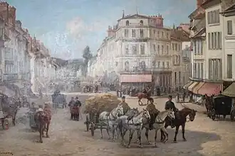 Tableau dépeignant la place, vers 1880, par Pierre-Auguste Brunet-Houard, exposé à l'hôtel de ville de Fontainebleau et photographiée en mai 2021.