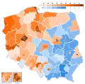 Élections parlementaires polonaises de 2023 - PiS (bleu), opposition (orange).