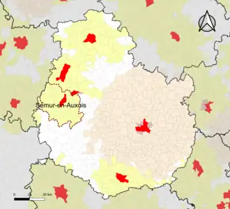 Localisation de l'aire d'attraction de Semur-en-Auxois dans le département de la Côte-d'Or.