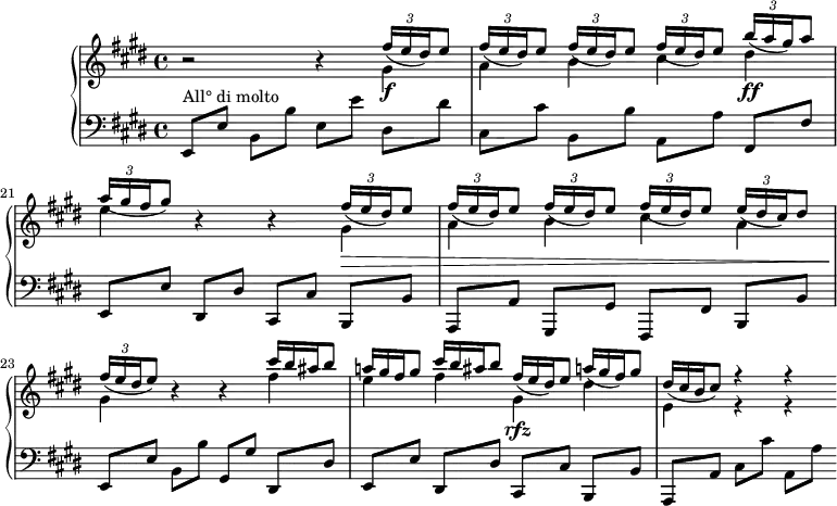 
\version "2.18.2"
\header {
  tagline = ##f
}
upper = \relative c'' {
  \clef treble 
  \key e \major
  \time 4/4
  \tempo 4 = 144 % noté 104 à la blanche mais c'est vraiment confus
  \set Score.currentBarNumber = #19
  \override TupletBracket.bracket-visibility = ##f
  %\autoBeamOff

   %%Montgeroult — Étude 109 (pdf p. 176)
   r2 r4
   << { \repeat unfold 4 { \times 2/3 { fis16_([ e dis) } e8] }  \times 2/3 { b'16_([\ff a gis) } a8] \times 2/3 { a16_([ gis fis } gis8]) } \\ { gis,4\f a b cis dis e } >>
   r4 r4
   << { \repeat unfold 4 { \times 2/3 { fis16_([ e dis) } e8] }  \times 2/3 { e16_([ dis cis) } dis8] \times 2/3 { fis16_([ e dis } e8]) } \\ { gis,4\> a b cis a gis\! } >>
   r4 r4
   << { \omit TupletNumber \times 2/3 { cis'16[ b ais } b8]  \times 2/3 { a!16[ gis fis } gis8] \times 2/3 { cis16[ b ais } b8] \times 2/3 { fis16_([\rfz e dis) } e8]  \times 2/3 { a!16_([ gis fis) } gis8] } \\ {  fis4 e fis gis, dis' } >>
   << { \omit TupletNumber \times 2/3 { dis16_([ cis b } cis8]) r4 r4 } \\ { e,4 r4 r4 } >>

}

lower = \relative c {
  \clef bass
  \key e \major
  \time 4/4

   e,8[^\markup{All° di molto} e'] b b' e,[ e'] dis, dis' cis,[ cis'] b, b' a,[ a'] fis, fis' e,[ e'] dis, dis' cis,[ cis'] b, b' a,[ a'] gis, gis' fis,[ fis'] b, b' e,[ e'] 
   b b' gis,[ gis'] dis, dis' e,[ e'] dis, dis' cis,[ cis'] b, b' a,[ a'] cis cis' a,[ a'] 

}

  \header {
    piece = ""
  }

\score {
  \new PianoStaff <<
    \new Staff = "upper" \upper
    \new Staff = "lower" \lower
  >>
  \layout {
    \context {
      \Score
      \remove "Metronome_mark_engraver"
  \override TupletBracket.bracket-visibility = ##f
    }
  }
  \midi { }
}
