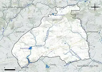 Carte en couleur présentant le réseau hydrographique de la commune