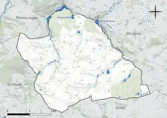 Carte en couleur présentant le réseau hydrographique de la commune
