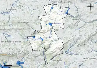Carte en couleur présentant le réseau hydrographique de la commune