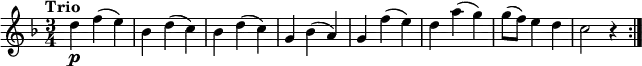 
  \relative c'' { 
   \version "2.18.2"
   \clef "treble" 
   \tempo "Trio" 
   \key f \major
   \time 3/4
      d4\p f (e)
      bes d (c)
      bes d (c)
      g bes (a)
      g f' (e)
      d a' (g)
      g8 (f) e4 d
      c2 r4  \bar ":|."
}
