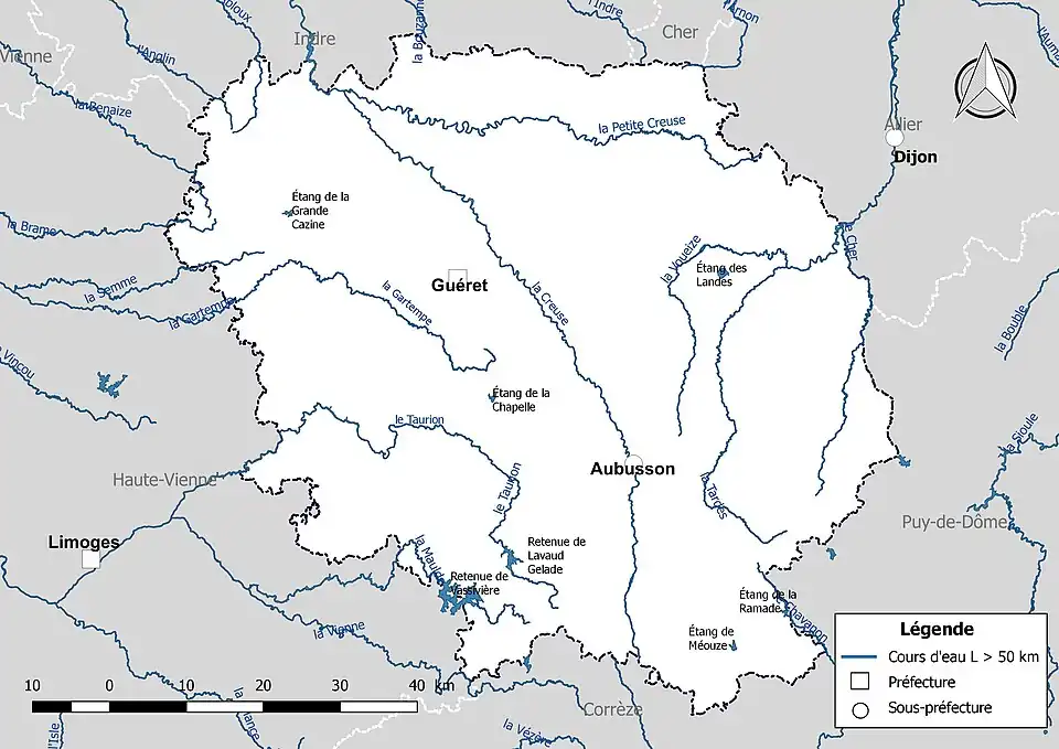 Carte des cours d'eau de longueur supérieure à 50&nbsp;km de la Creuse.