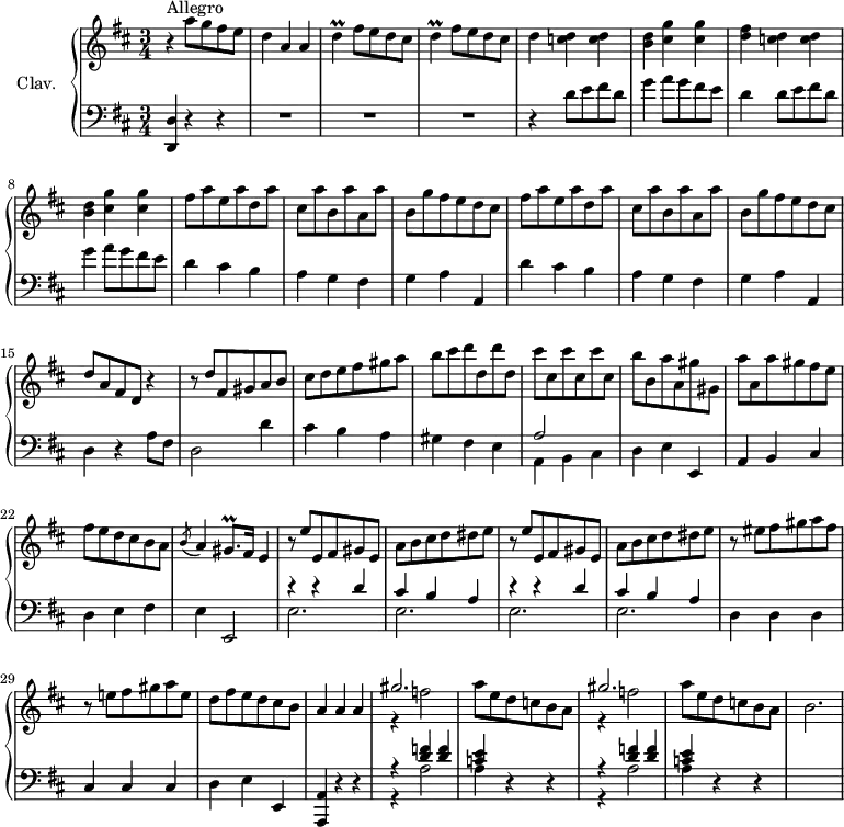 \version "2.18.2"
\header {
tagline = ##f
% composer = "Domenico Scarlatti"
% opus = "K. 512"
% meter = "Allegro"
}
%% les petites notes
trillGisqp = { \tag #'print { gis8.\prall } \tag #'midi { \times 2/3 { a16 gis a } gis } }
trillD = { \tag #'print { d4\prall } \tag #'midi { \times 2/3 { e16 d e } d8 } }
upper = \relative c'' {
\clef treble
\key d \major
\time 3/4
\tempo 4 = 172
s8*0^\markup{Allegro}
r4 a'8 g fis e | d4 a a | \repeat unfold 2 { \trillD fis8 e d cis }
% ms. 5
d4 < c d > q | < b d > < cis g' > q | < d fis > < c d > q | < b d > < cis g' > q | \repeat unfold 2 { fis8 a e a d, a' |
% ms. 10
cis,8 a' b, a' a, a' | b, g' fis e d cis } |
% ms. 15
d8 a fis d r4 | r8 d'8 fis, gis a b | cis d e fis gis a | b cis \repeat unfold 2 { d d, } | \repeat unfold 3 { cis' cis, }
% ms. 20
b'8 b, a' a, gis' gis, | a' a, a' gis fis e | fis e d cis b a | \acciaccatura b8 a4 \trillGisqp fis16 e4 | \repeat unfold 2 { r8 e'8 e, fis gis e |
% ms. 25/26…
a8 b cis d dis e } | r8 eis fis gis a fis | r8 e! fis gis a e
% ms. 30
d8 fis e d cis b | a4 a a | \repeat unfold 2 { << { gis'2. } \\ { r4 f2 } >> a8 e d c b a } | b2.
}
lower = \relative c' {
\clef bass
\key d \major
\time 3/4
% ************************************** \appoggiatura a16 \repeat unfold 2 { } \times 2/3 { } \omit TupletNumber
< d,, d' >4 r4 r4 | R2.*3
% ms. 5
r4 \repeat unfold 2 { d''8 e fis d | g4 a8 g fis e | d4 } cis4 b
% ms. 10
a4 g fis | g a a, | d' cis b | a4 g fis | g a a, |
% ms. 15
d4 r4 a'8 fis | d2 d'4 | cis b a | gis fis e | << { a2 } \\ { a,4 b cis } >>
% ms. 20
d4 e e, | a b cis | d e fis | e e,2 |
\repeat unfold 2 { << { r4 r4 d''4 | cis b a } \\ { e2. e2. } >> }
% ms. 28
d4 d d | cis cis cis
% ms. 30
d4 e e, < a, a' > r4 r4 | \repeat unfold 2 { << { r4 < d'' f >4 q | < c e > } \\ { r4 a2 | a4 } >> r4 r4 } | s2.
}
thePianoStaff = \new PianoStaff <<
\set PianoStaff.instrumentName = #"Clav."
\new Staff = "upper" \upper
\new Staff = "lower" \lower
>>
\score {
\keepWithTag #'print \thePianoStaff
\layout {
#(layout-set-staff-size 17)
\context {
\Score
\override TupletBracket.bracket-visibility = ##f
\override SpacingSpanner.common-shortest-duration = #(ly:make-moment 1/2)
\remove "Metronome_mark_engraver"
}
}
}
\score {
\keepWithTag #'midi \thePianoStaff
\midi { \set Staff.midiInstrument = #"harpsichord" }
}