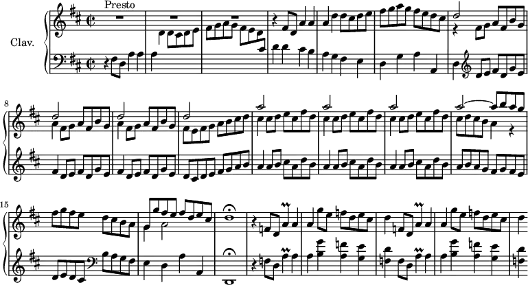 
\version "2.18.2"
\header {
  tagline = ##f
  % composer = "Domenico Scarlatti"
  % opus = "K. 388"
  % meter = "Presto"
}

%% les petites notes
trillApUp     = { \tag #'print { a'4\prall } \tag #'midi { b32 a b a~ a8 } }

upper = \relative c'' {
  \clef treble 
  \key d \major
  \time 2/2
  \tempo 2 = 72
  \set Staff.midiInstrument = #"harpsichord"
  \override TupletBracket.bracket-visibility = ##f

      s8*0^\markup{Presto}
      R1*3 | r4 fis,8 d a'4 a |
      % ms. 5
      a4 d d8 cis d e | fis g a g fis e d cis | << { d2 } \\ { r4 fis,8 g } >> a8 fis b g | \repeat unfold 2 { << { d'2 } \\ { a4 fis8 g } >> a8 fis b g } |
      % ms. 10
      << { d'2 } \\ { fis,8 e fis g a b cis d } >> | \repeat unfold 3 { << { a'2 } \\ { cis,4 cis8 d e cis fis d } >> }
      % ms. 14
      << { a'2~ a8 b a g } \\ { cis,8 d cis b a4 r4 } >> fis'8 g fis e d cis b a | << { g8 g' fis e fis d e cis } \\ { g4 a2 } >> d1\fermata
      % ms. 18
      r4 \repeat unfold 2 { f,8 d \trillApUp a4 | a g'8 e f d e cis | d4 }

}

lower = \relative c' {
  \clef bass
  \key d \major
  \time 2/2
  \set Staff.midiInstrument = #"harpsichord"
  \override TupletBracket.bracket-visibility = ##f

    % ************************************** \appoggiatura a16  \repeat unfold 2 {  } \times 2/3 { }   \omit TupletNumber 
      r4 fis,8 d a'4 a | a \stemDown \change Staff = "upper"  d d8 cis d e | fis g a g fis e d \stemNeutral \change Staff = "lower" cis | d4 d cis b |
      % ms. 5
      a4 g fis e | d g a a, | d   \clef treble  d'8 e fis d g e | \repeat unfold 2 { fis4 d8 e fis d g e } |
      % ms. 10
      d8 cis d e fis g a b | \repeat unfold 3 { a4 a8 b cis a d b } |
      % ms. 14
      a8 b a g fis g fis e | d e d cis    \clef bass b a g fis | e4 d a' a, | d,1\fermata |
      % ms. 18
      r4 \repeat unfold 2 { f'8 d \trillApUp a4 | a < b g' > < a f' > < g e' > | < f d' > } | 

}

thePianoStaff = \new PianoStaff <<
    \set PianoStaff.instrumentName = #"Clav."
    \new Staff = "upper" \upper
    \new Staff = "lower" \lower
  >>

\score {
  \keepWithTag #'print \thePianoStaff
  \layout {
      #(layout-set-staff-size 17)
    \context {
      \Score
     \override SpacingSpanner.common-shortest-duration = #(ly:make-moment 1/2)
      \remove "Metronome_mark_engraver"
    }
  }
}

\score {
  \keepWithTag #'midi \thePianoStaff
  \midi { }
}
