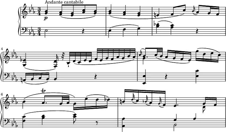 \version "2.18.2"
\header {
tagline = ##f
}
upper = \relative c' {
\clef "treble"
\tempo "Andante cantabile"
\key ees \major
\time 3/4
\tempo 4 = 50
<g' bes>4 \p ^\markup {Andante cantabile} <f aes>8 (<ees g> <aes c> <g bes>)
<g bes>4 (<f aes> <ees g>
e (f8 c') \grace bes16 (aes8) g16 f
<g,ees'!>4 (<f d'>16) r32 bes-! d (c ees d f ees g f aes g bes aes)
<<{\stemDown g4 s4} \\ { \stemUp \grace c16 ^(bes8.) \stemUp c32 (bes aes16 g f ees) }>> g' (d ees c)
bes4 (aes8. \trill g32 aes g16) ees' (d des)
b \grace d32 (c16) \grace bes32 (aes16) \grace g32 ( f16) ees4. <<{\stemDown d8} \\ { \stemUp g16 f }>>
}
lower =\relative c {
\clef "bass"
\key ees \major
\time 3/4
ees2 r4
ees4 (f g)
<bes des> (<aes c>) r
a,16 (bes c bes) bes4 r
<ees, ees'>4 r <ees' c'>4
<f c'> (<bes d> <c ees>8) r
<aes, aes'>4 <<{\stemDown bes2} \\ { \stemUp g'4 aes }>>
}
\score {
\new PianoStaff <<
\new Staff = "upper" \upper
\new Staff = "lower" \lower
>>
\layout {
\context {
\Score
\remove "Metronome_mark_engraver"
}
}
\midi { }
}