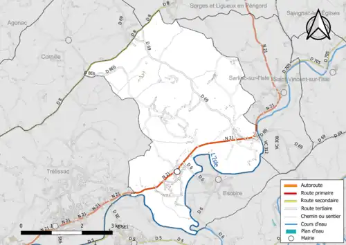 Carte en couleur présentant le réseau hydrographique de la commune
