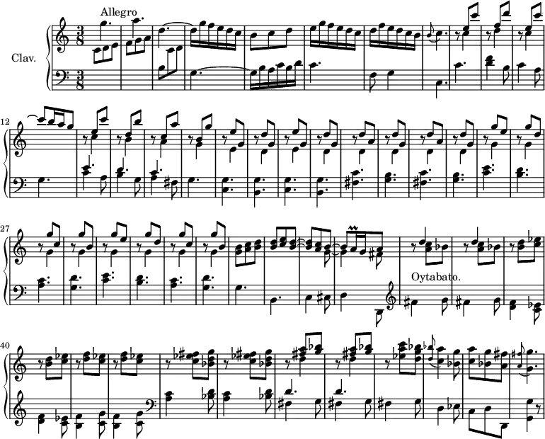 \version "2.18.2"
\header {
tagline = ##f
% composer = "Domenico Scarlatti"
% opus = "K. 255"
% meter = "Allegro"
}
%% les petites notes
trillAqq = { \tag #'print { a16\prall } \tag #'midi { \times 2/3 { a32 b a } } }
appoBC = { \tag #'print { \appoggiatura b8 c4. } \tag #'midi { b4 \tempo 4. = 30 c8 \tempo 4. = 76 } }
appoAFisGG = { \tag #'print { \appoggiatura < a fis' >8 < g g' >4. } \tag #'midi { < a fis' >4 \tempo 4. = 30 < g g' >8 \tempo 4. = 76 } }
rallFis = { \tag #'print { fis''4^\markup{Oytabato.} g8 } \tag #'midi { \tempo 4. = 30 fis8~ \tempo 4. = 76 fis8 g8 } }
upper = \relative c'' {
\clef treble
\key c \major
\time 3/8
\tempo 4. = 76
\set Staff.midiInstrument = #"harpsichord"
\override TupletBracket.bracket-visibility = ##f
s8*0^\markup{Allegro}
g'4. | a | d,4.~ | d16 g f e d c | b8 c d | e16 g f e d c |
% ms. 7
d f e d c b | \appoBC |
<< { s8 e8 c' | s8 f,8 d' | s8 e,8 c'~ | c b16 a g8 }
\\ { b,8\rest c4 | b8\rest d4 | b8\rest c4 } >>
% ms. 13
<< { s8 e8 c' | s8 d,8 b' |
% ms. 15
s8 c,8 a' | s8 b, g' | \repeat unfold 2 { s8 e8 g, | s8 d' g, } | \repeat unfold 2 { s8 d'8 a | s8 d8 g, } }
\\ % voix deux ms. 13 :
{ b8\rest c4 | b8\rest b4 | b8\rest a4 | b8\rest g4 | \repeat unfold 2 { b8\rest e,4 | b'8\rest d,4 } | \repeat unfold 4 { b'8\rest d,4 } } >>
% ms. 25
<< { \repeat unfold 2 { s8 g'8 e | s8 g8 d | s8 g8 c, | s8 g'8 b, } }
\\ { \repeat unfold 8 { b8\rest g4 } } >>
% ms. 33
< g b >8 < a c > < b d > | << { q < c e > < b d >~ | q < a c > b8~ | b8 \trillAqq g16 a8 } \\ { s4. s4 g8~ | g4 fis8 } >> | \repeat unfold 2 { r8 << { d'4 } \\ { < a c >8 bes } >> }
% ms. 39
\repeat unfold 2 { r8 < b d >8 < c ees > } | \repeat unfold 2 { r8 < d f >8 < c ees > } | \repeat unfold 2 { r8 < c ees fis >8 < bes d g > } |
% ms. 45
\repeat unfold 2 { r8 << { < fis' a > < g bes > } \\ { d4 } >> } | r8 < ees a c >8 < d g bes > | \appoggiatura < d bes' >8 < c a' >4 < bes g' >8 | < c a' >8 < bes g' > < a fis' > \appoAFisGG |
% ms. 53
% ms. 60
% ms. 67
% ms. 74
}
lower = \relative c' {
\clef bass
\key c \major
\time 3/8
\set Staff.midiInstrument = #"harpsichord"
\override TupletBracket.bracket-visibility = ##f
% ************************************** \appoggiatura a16 \repeat unfold 2 { } \times 2/3 { } \omit TupletNumber
\stemDown \change Staff = "upper" c8 d e | f g a | \change Staff = "lower" b, \change Staff = "upper" c d | \change Staff = "lower" g,4.~ | g16 b a c b d | c4. |
% ms. 7
f,8 g4 | c,4. | c' | < d f >4 b8 | c4 a8 | g4. | << { e'4. d c } \\ { c4 a8 | b4 g8 | a4 fis8 } >>
% ms. 16
g4. \repeat unfold 2 { < c, g' > < b g' > } | \repeat unfold 2 { < fis' c' > < g b > } |
% ms. 25
\repeat unfold 2 { < c e >4. < b d > < a c > < g d' > }
% ms. 33
g4. b, c4 cis8 | d4 d,8 \clef treble | \rallFis | fis4 g8 |
% ms. 39
\repeat unfold 2 { < d f >4 < c ees >8 } | \repeat unfold 2 { < b f' >4 < c g' >8 } | \clef bass \repeat unfold 2 { < a c >4 < bes d >8 } |
% ms. 45
\repeat unfold 2 { << { d4. } \\ { fis,4 g8 } >> } | fis4 g8 | d4 ees8 | c d d, | < g g' >4 r8 |
% ms. 53
% ms. 60
% ms. 67
% ms. 74
}
thePianoStaff = \new PianoStaff <<
\set PianoStaff.instrumentName = #"Clav."
\new Staff = "upper" \upper
\new Staff = "lower" \lower
>>
\score {
\keepWithTag #'print \thePianoStaff
\layout {
#(layout-set-staff-size 17)
\context {
\Score
\override SpacingSpanner.common-shortest-duration = #(ly:make-moment 1/2)
\remove "Metronome_mark_engraver"
}
}
}
\score {
\keepWithTag #'midi \thePianoStaff
\midi { }
}