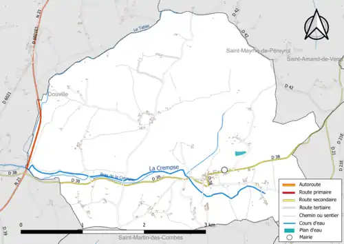 Carte en couleur présentant le réseau hydrographique de la commune
