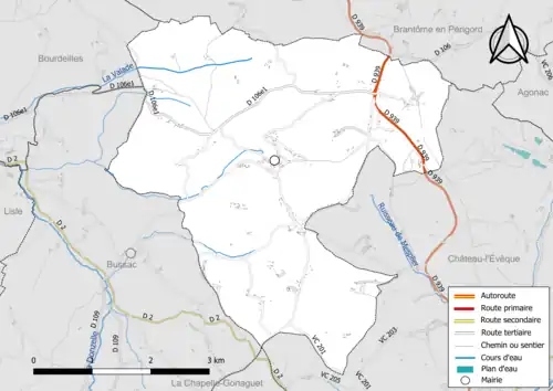 Carte en couleur présentant le réseau hydrographique de la commune