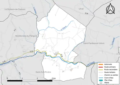 Carte en couleur présentant le réseau hydrographique de la commune