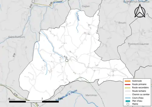 Carte en couleur présentant le réseau hydrographique de la commune