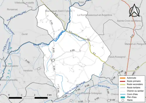 Carte en couleur présentant le réseau hydrographique de la commune