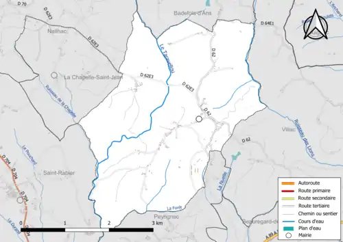 Carte en couleur présentant le réseau hydrographique de la commune