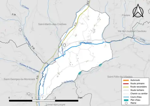Carte en couleur présentant le réseau hydrographique de la commune