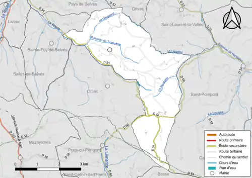 Carte en couleur présentant le réseau hydrographique de la commune