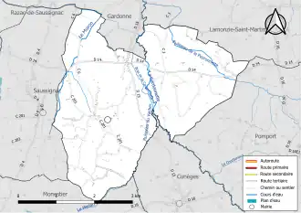 Carte en couleur présentant le réseau hydrographique de la commune