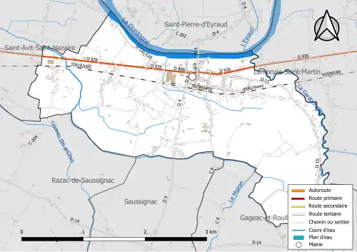 Carte en couleur présentant le réseau hydrographique de la commune