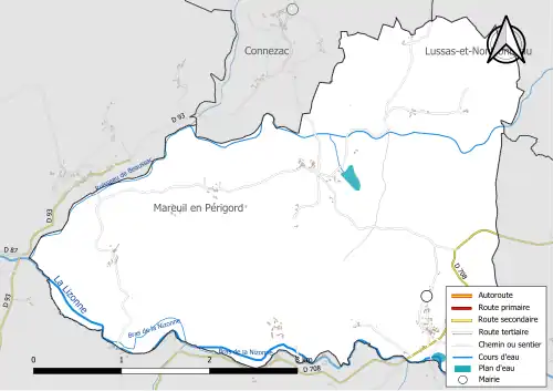 Carte en couleur présentant le réseau hydrographique de la commune