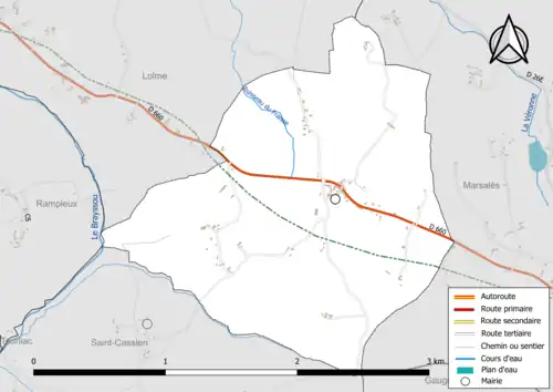 Carte en couleur présentant le réseau hydrographique de la commune