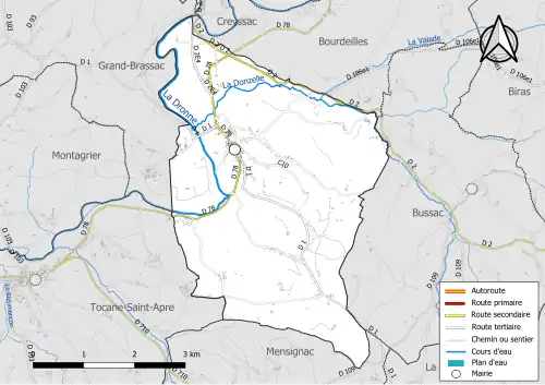 Carte en couleur présentant le réseau hydrographique de la commune