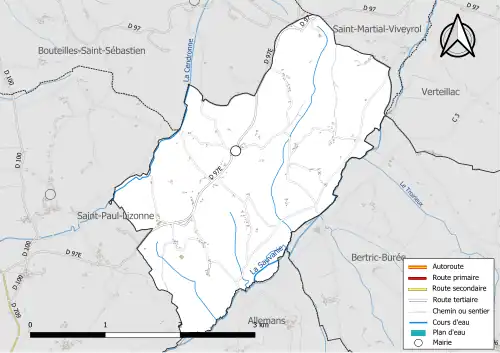 Carte en couleur présentant le réseau hydrographique de la commune