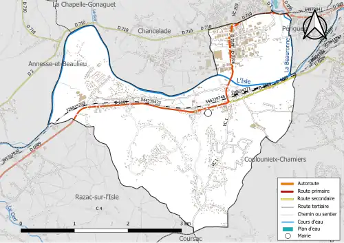 Carte en couleur présentant le réseau hydrographique de la commune