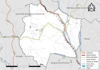 Carte en couleur présentant le réseau hydrographique de la commune