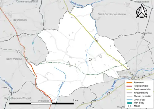 Carte en couleur présentant le réseau hydrographique de la commune