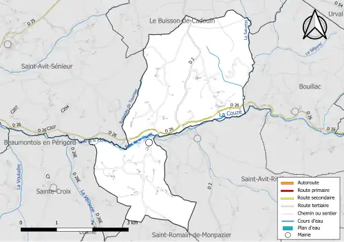 Carte en couleur présentant le réseau hydrographique de la commune