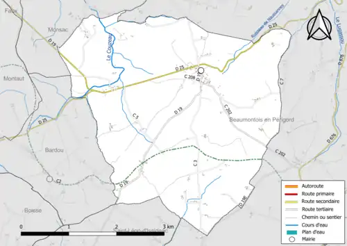 Carte en couleur présentant le réseau hydrographique de la commune