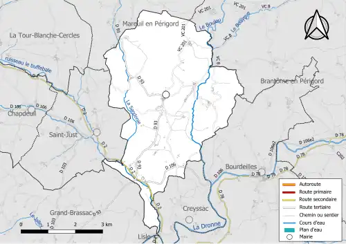 Carte en couleur présentant le réseau hydrographique de la commune