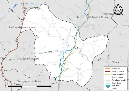 Carte en couleur présentant le réseau hydrographique de la commune